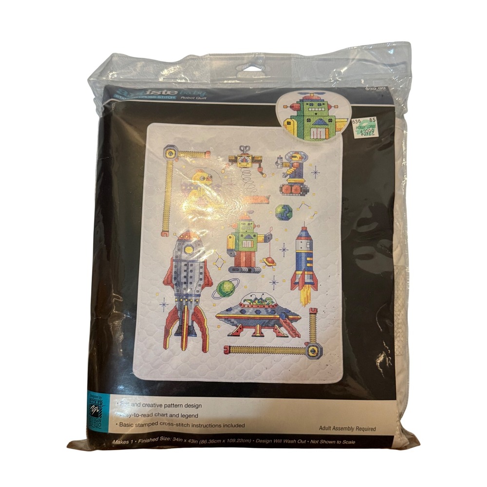 Artiste Baby Stamped Cross-Stitch Robot Quilt Kit Outer Space Rocket 34x43 New